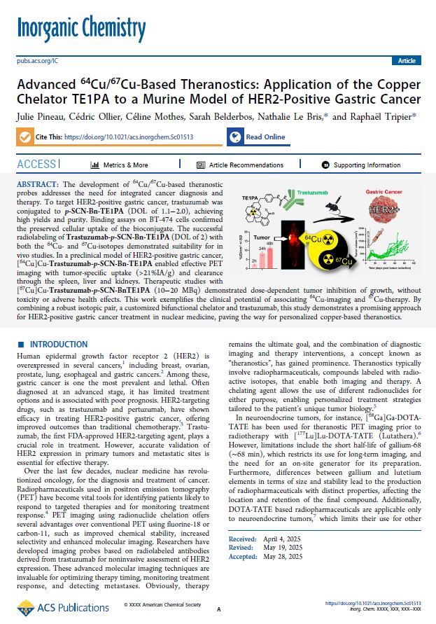 First page of publication from Inorganic Chemistry on Advanced 64Cu-67Cu Based Theranostics